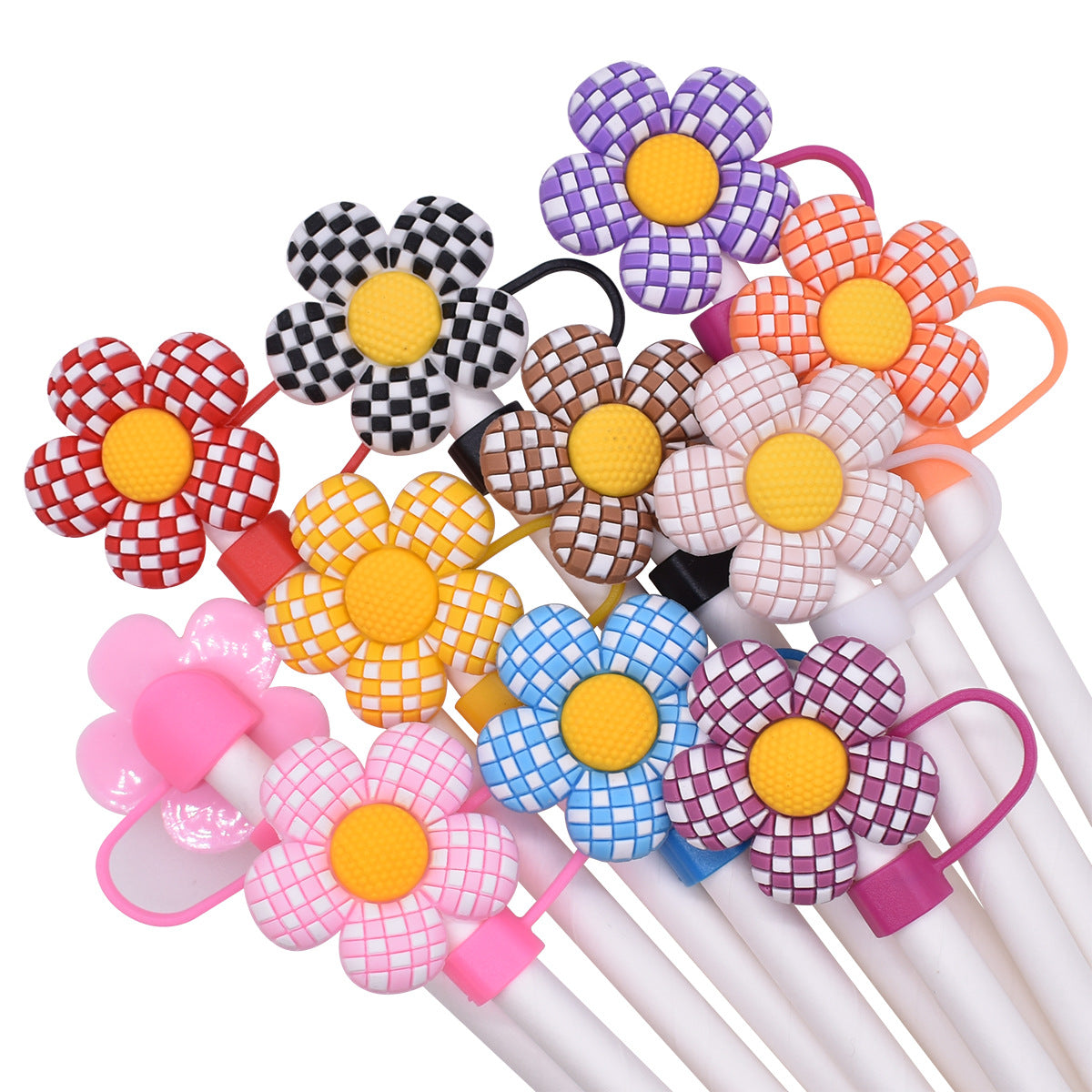 Owllaser Plaid Flower Straw Stopper, PVC Straw Accessory for 10mm Straw
