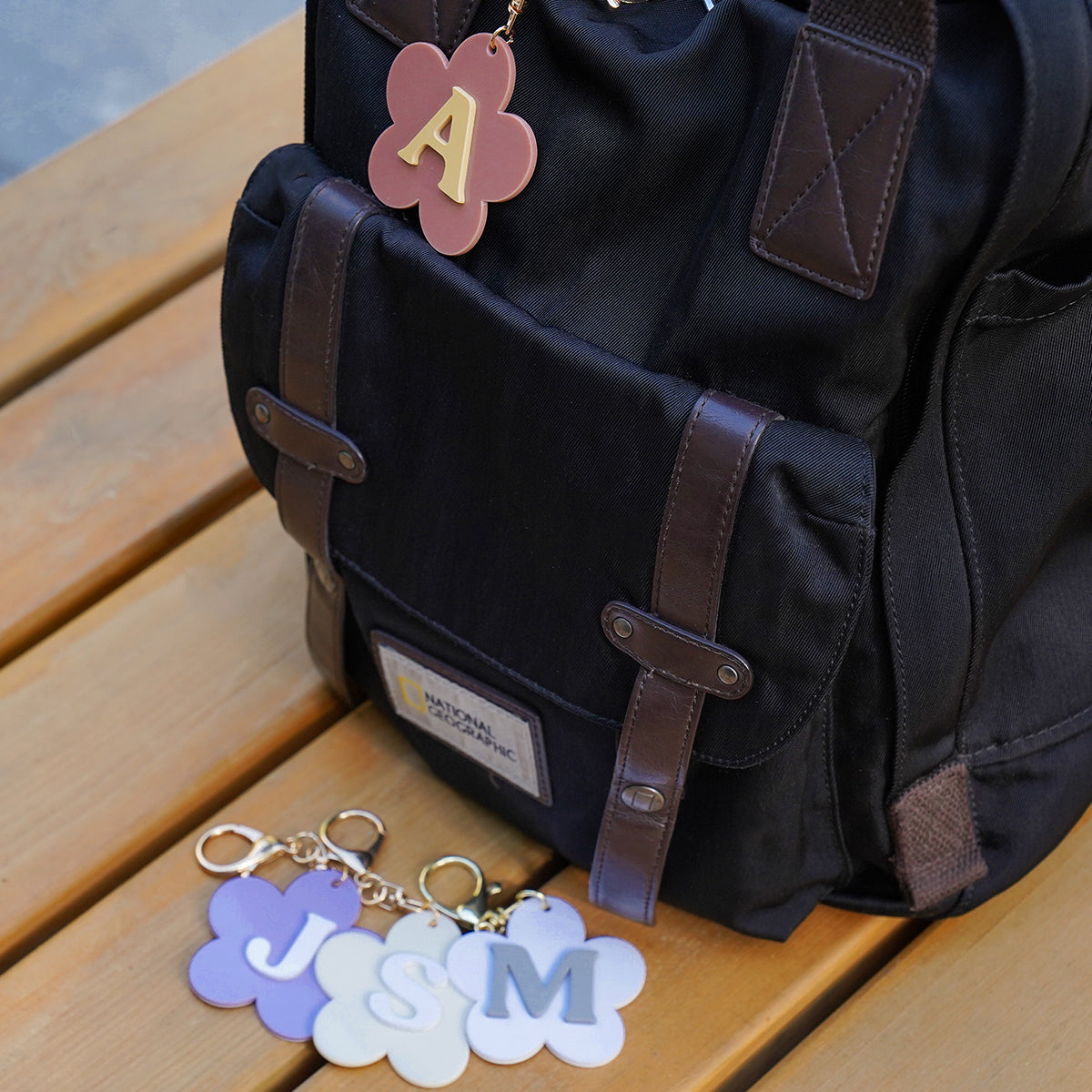 Owllaser Flower Style-Keychain, Backpack Buckle with Initial