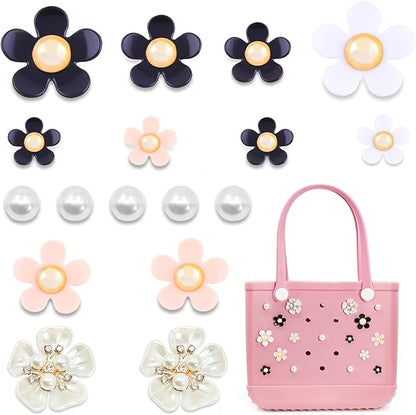 Owllaser 17 Pcs Pearls and Colorful Flowers Charms for Bogg Bag Accessories, Compatible with Women Rubber Beach Bag Tote