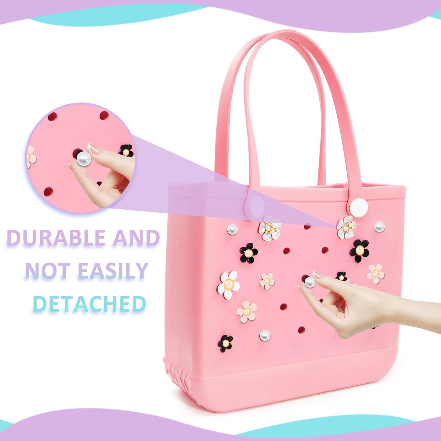 Owllaser 17 Pcs Pearls and Colorful Flowers Charms for Bogg Bag Accessories, Compatible with Women Rubber Beach Bag Tote