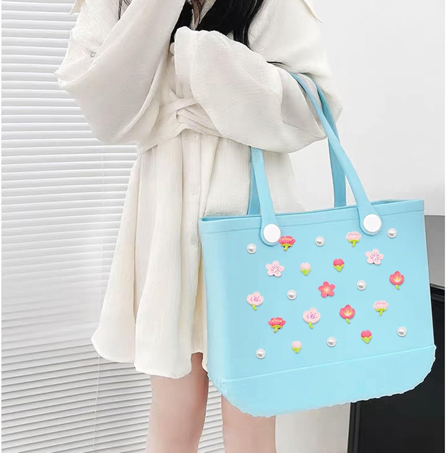 Owllaser 24 Pcs Pearls and cherry blossom Charms for Bogg Bag Accessories, Compatible with Women Rubber Beach Bag Tote