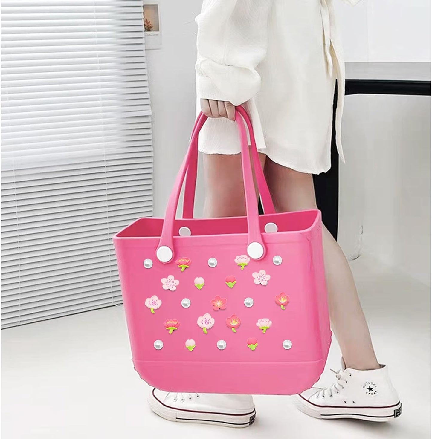 Owllaser 24 Pcs Pearls and cherry blossom Charms for Bogg Bag Accessories, Compatible with Women Rubber Beach Bag Tote