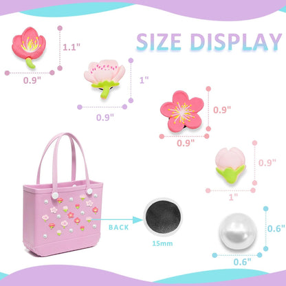 Owllaser 24 Pcs Pearls and cherry blossom Charms for Bogg Bag Accessories, Compatible with Women Rubber Beach Bag Tote