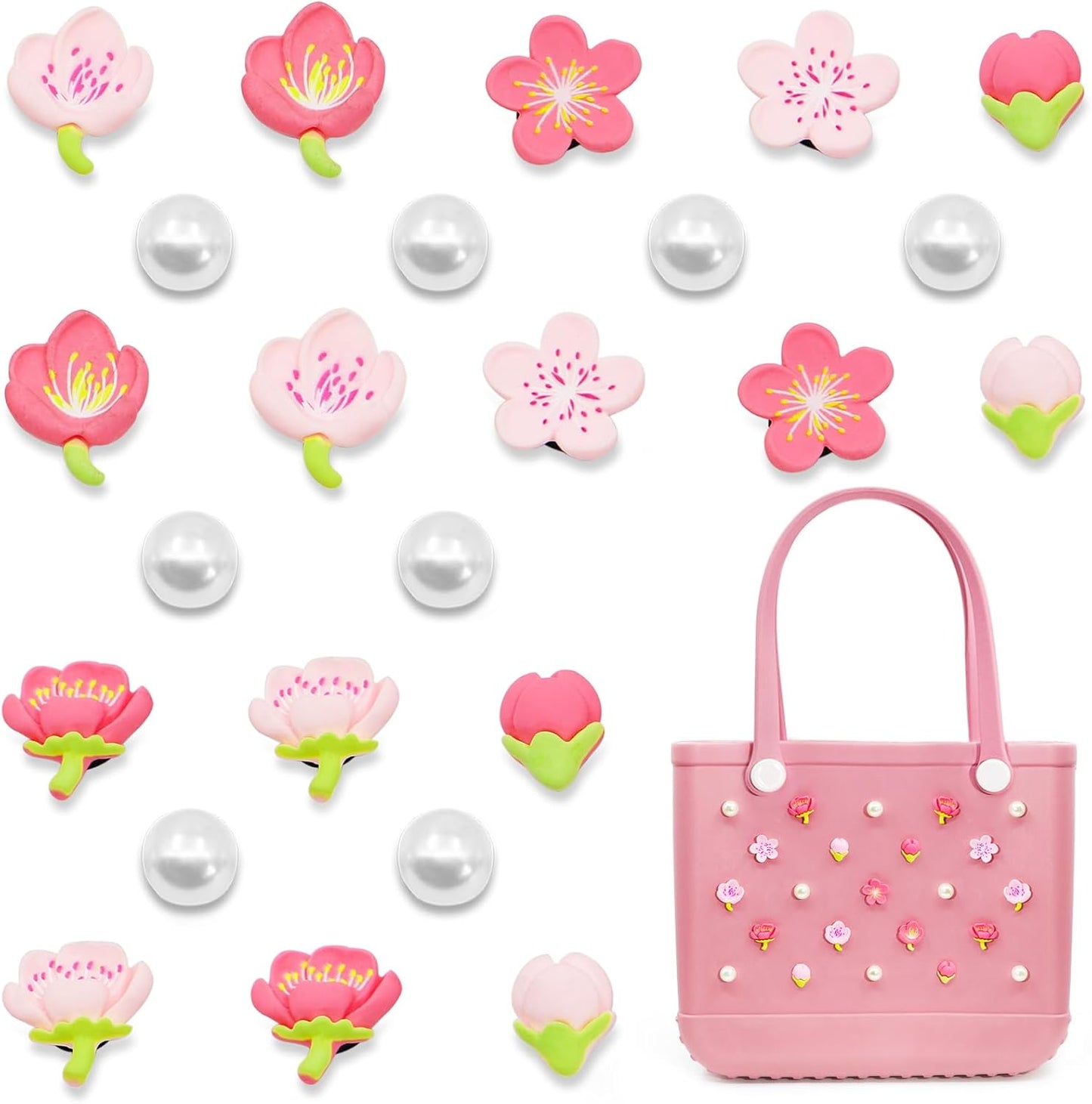 Owllaser 24 Pcs Pearls and cherry blossom Charms for Bogg Bag Accessories, Compatible with Women Rubber Beach Bag Tote