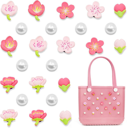 Owllaser 24 Pcs Pearls and cherry blossom Charms for Bogg Bag Accessories, Compatible with Women Rubber Beach Bag Tote