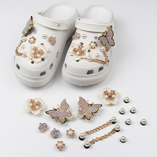 Owllaser Butterfly and Pearl Accessories, Chain Accessories for Crocs Shoes (16pcs)