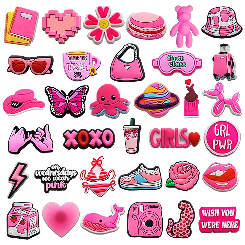 Owllaser Pink Girl Fancy Charms for Shoes, 3D Rubber Removable Accessories for Crocs Shoes(37Pcs)